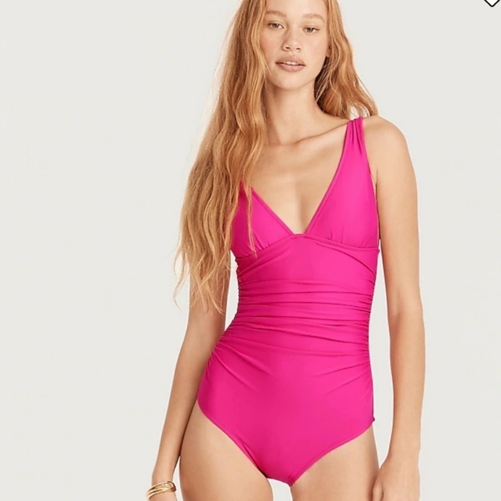J Crew Ruched Plunge One Piece Swimsuit Pink Womens 14 Stretch V-Neck